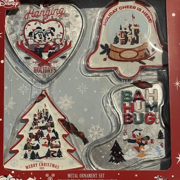 NEW Disney Parks 2021 Mickey and Friends Christmas Ornament Box Set of 4 Metal - Picture 3 of 3